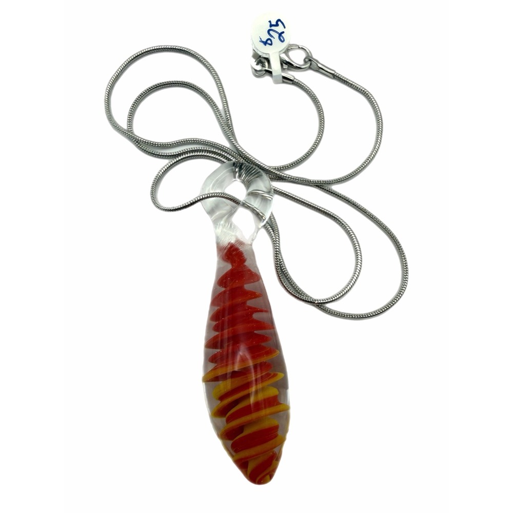 Artisan Hand Blown Glass Spiral Pendant Necklace Orange Yellow Snake Chain